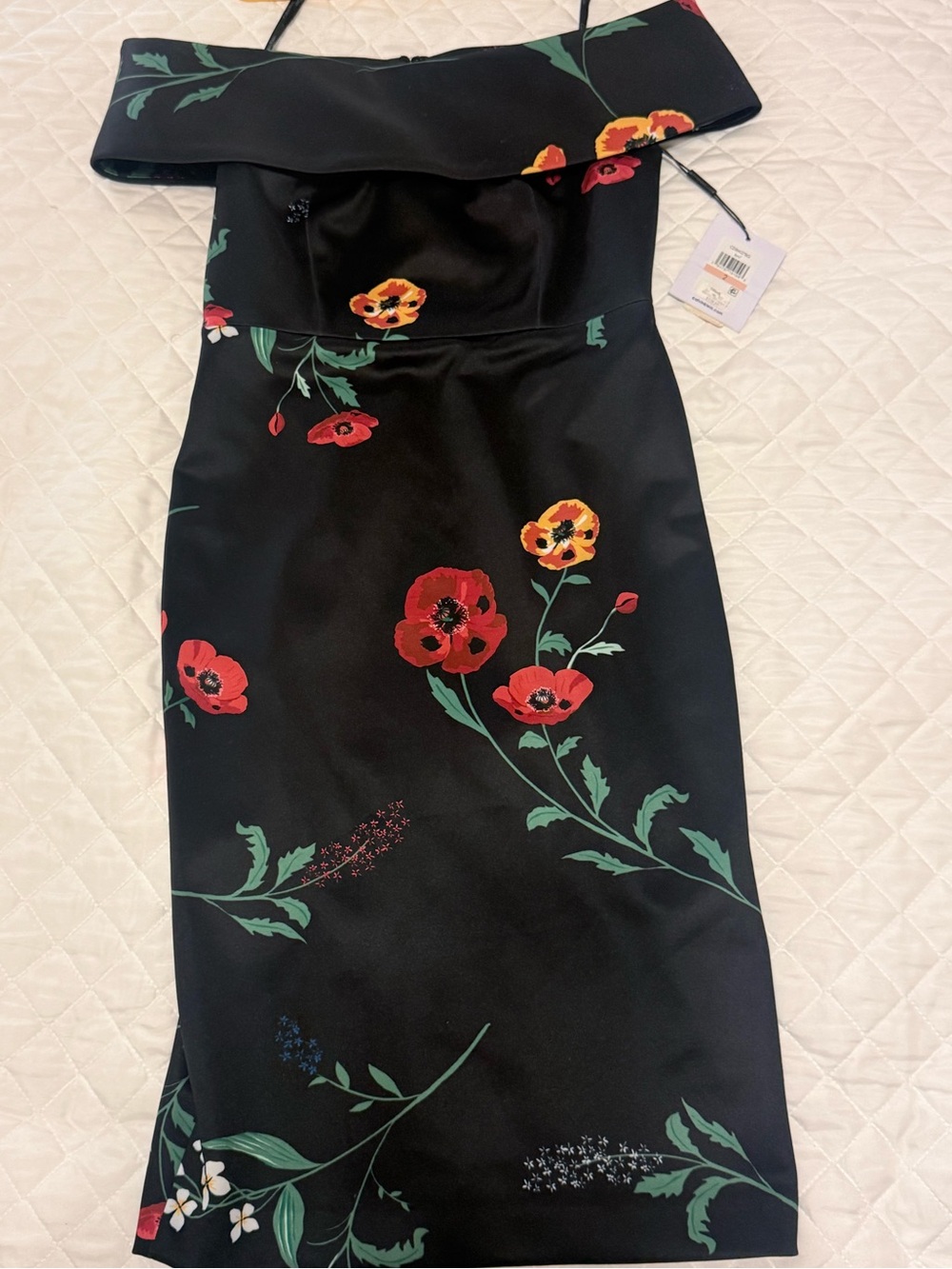 Calvin Klein Black Off-The-Shoulder Dress with Red and Yellow Floral Print - Picture 4 of 12